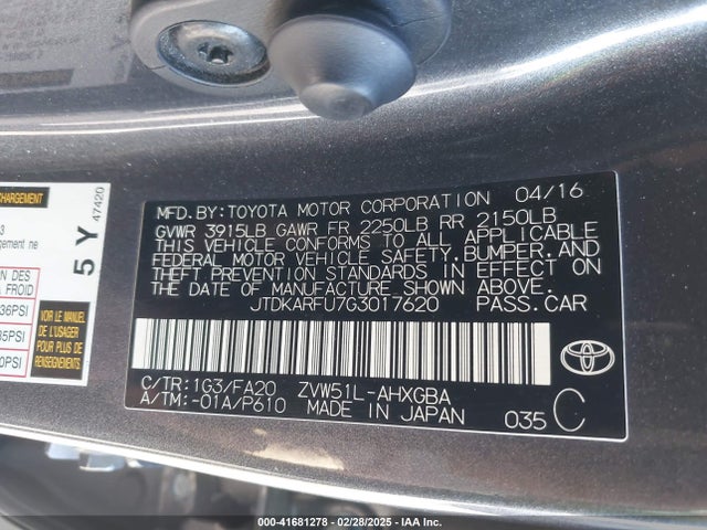 JTDKARFU7G3017620 Toyota 2zr-fxe,1nm