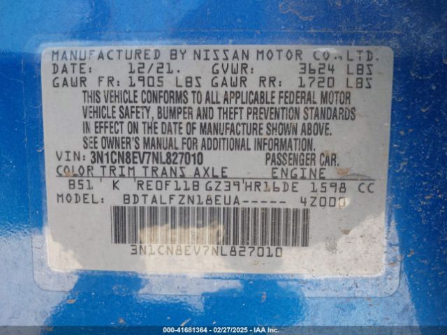 3N1CN8EV7NL827010 Nissan Versa 1.6 Sv Xtronic Cvt