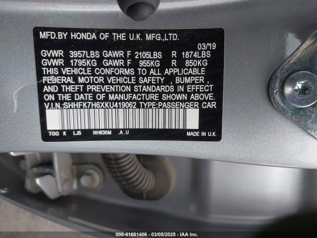 Honda CIVIC EX 2019 SHHFK7H6XKU419062 Image 9