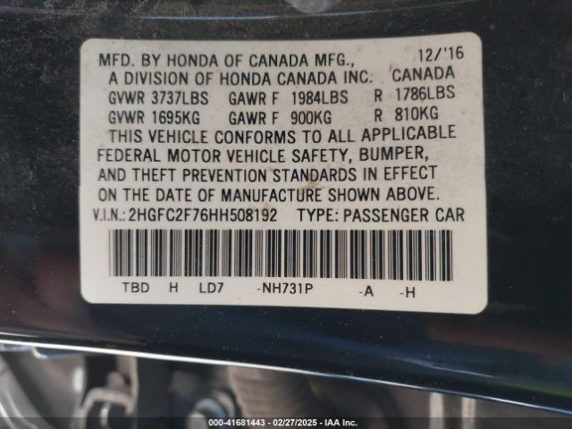 2HGFC2F76HH508192 Honda CIVIC EX