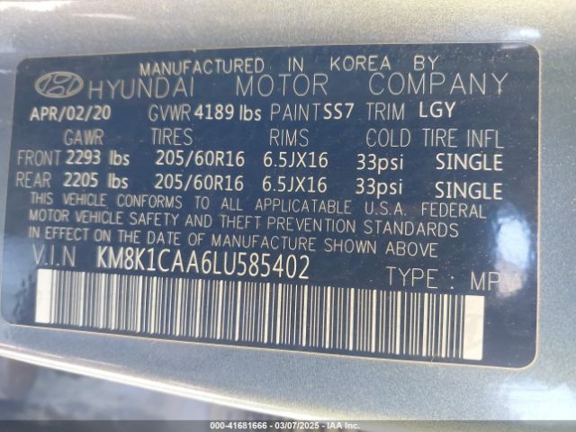 KM8K1CAA6LU585402 Hyundai Kona Se