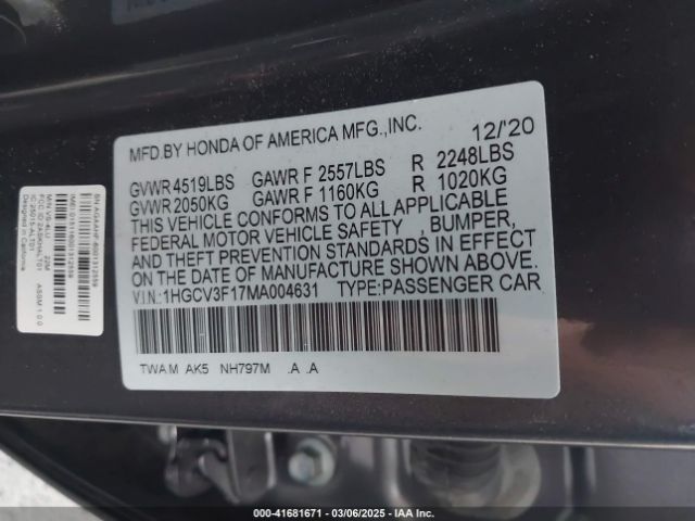 1HGCV3F17MA004631 Honda ACCORD HYBRID