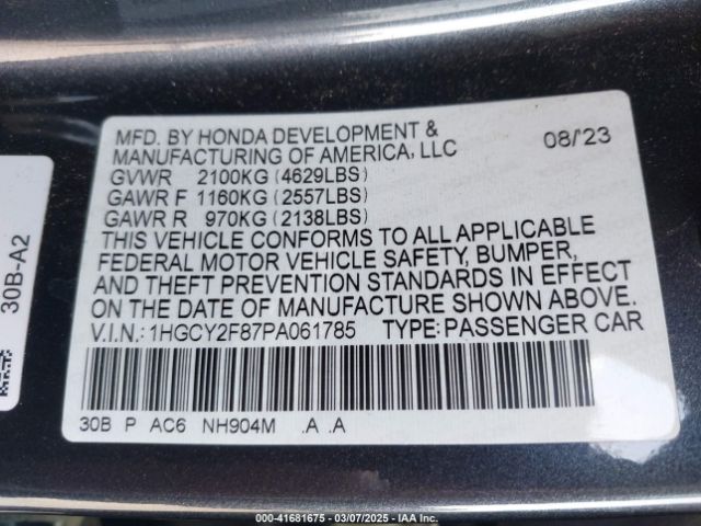 1HGCY2F87PA061785 Honda Accord Hybrid Touring