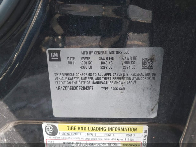 41681707 :رقم المزاد ، 1G1ZC5E03CF204287 vin ، 2012 Chevrolet Malibu 1lt مزاد بيع