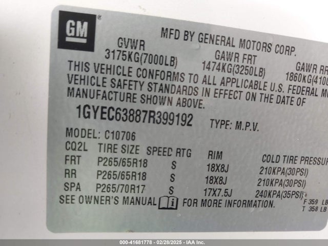 2007 CADILLAC ESCALADE 1GYEC63887R399192 Photo 8