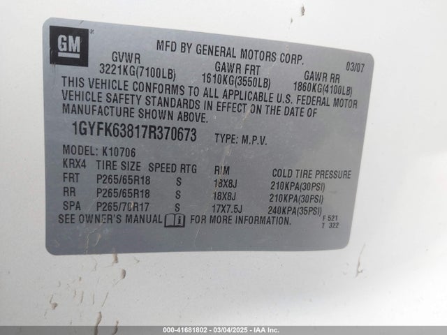 2007 CADILLAC ESCALADE 1GYFK63817R370673 Photo 8