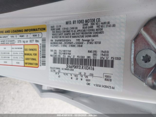 3FA6P0K92LR103416 Ford Fusion Titanium