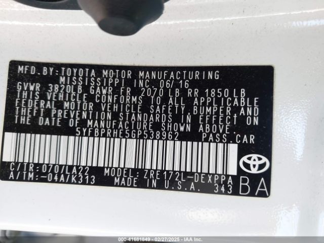 5YFBPRHE5GP538962 Toyota Corolla