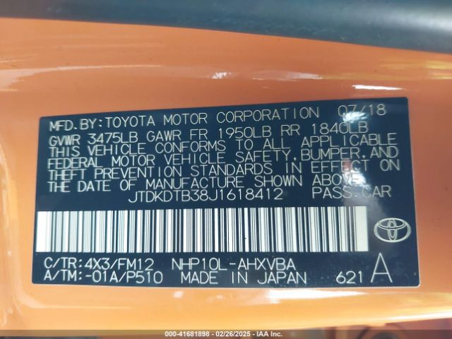 JTDKDTB38J1618412 Toyota Prius C Two