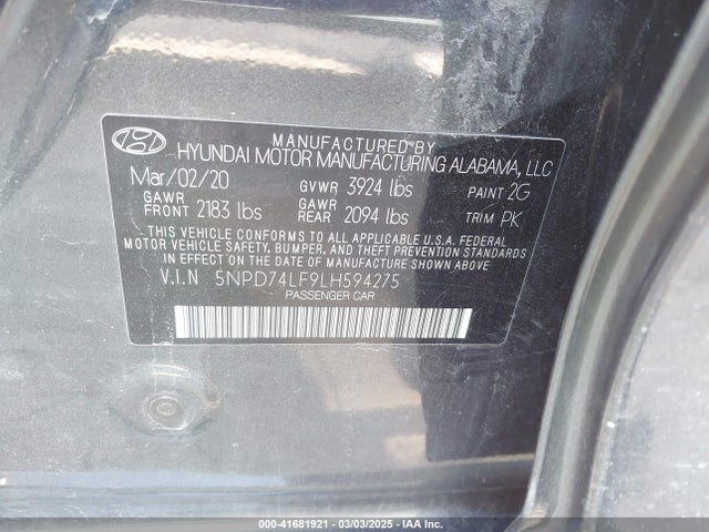 5NPD74LF9LH594275 Hyundai ELANTRA SE