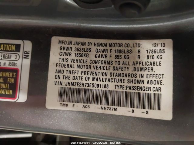 JHMZE2H73ES001188 Honda INSIGHT EX