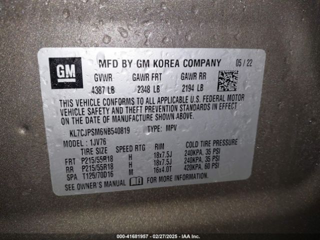 KL7CJPSM6NB540819 Chevrolet Trax Awd Lt