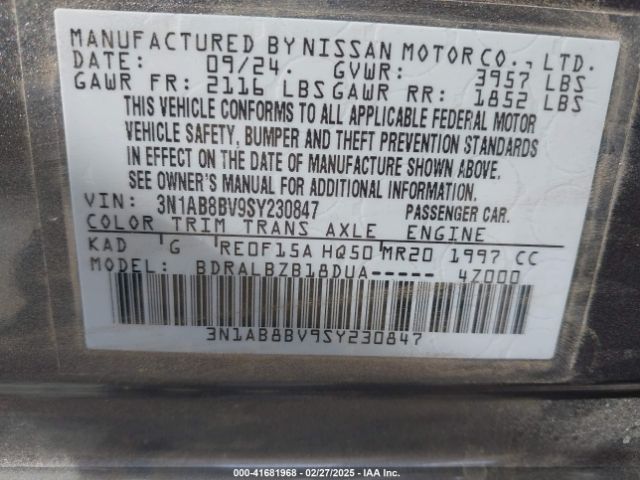 3N1AB8BV9SY230847 Nissan SENTRA S