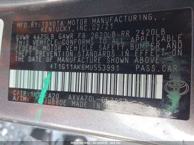 4T1G11AK6MU553991 Toyota CAMRY SE