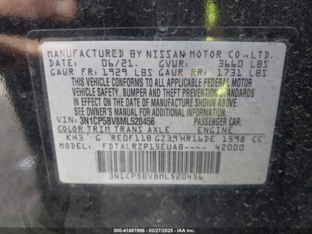 3N1CP5BV8ML520456 Nissan Kicks S Xtronic Cvt