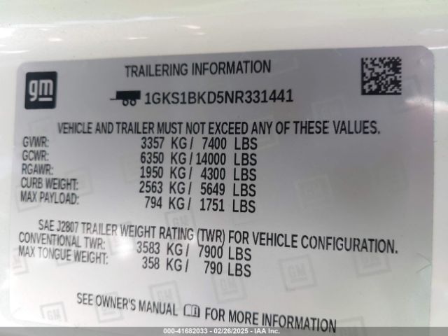 1GKS1BKD5NR331441 GMC Yukon 2wd Slt