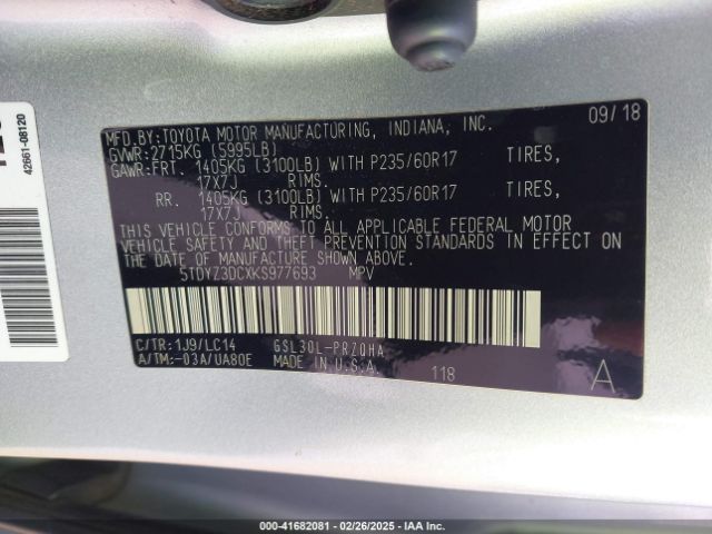 5TDYZ3DCXKS977693 Toyota Sienna Xle Premium 8 Passenger