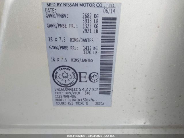 5N1AL0MM1EC542752 Infiniti QX60
