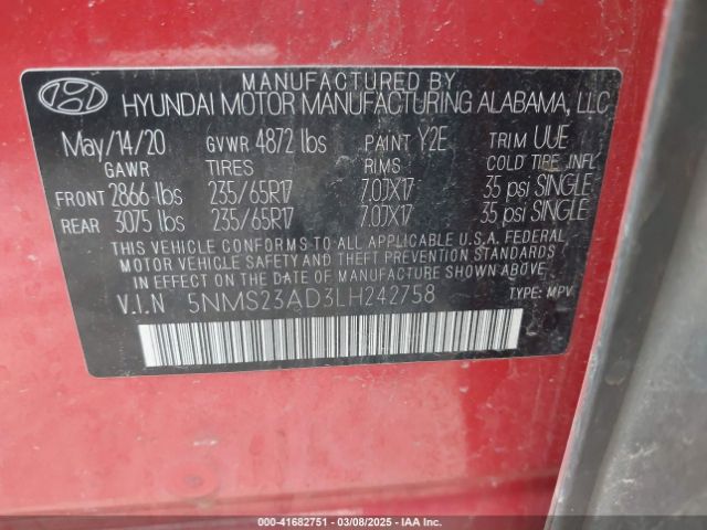 5NMS23AD3LH242758 Hyundai Santa Fe Se