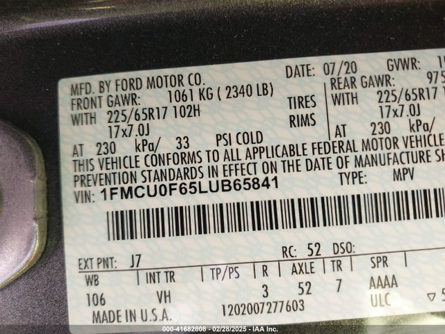 Ford ESCAPE S 2020 1FMCU0F65LUB65841 Image 9
