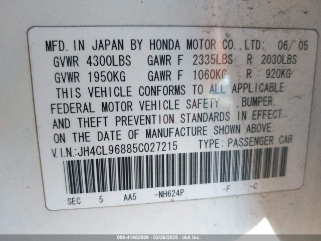 41682889 :رقم المزاد ، JH4CL96885C027215 vin ، 2005 Acura Tsx مزاد بيع