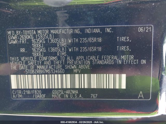 5TDBZRBH7MS134660 Toyota Highlander Le