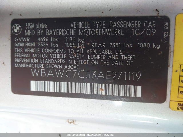 41682978 :رقم المزاد ، WBAWC7C53AE271119 vin ، 2010 Bmw 335i Xdrive مزاد بيع