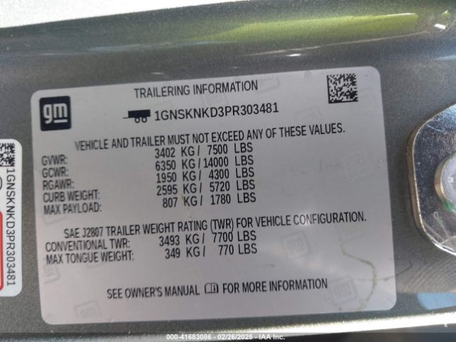 1GNSKNKD3PR303481 Chevrolet Tahoe 4wd Lt