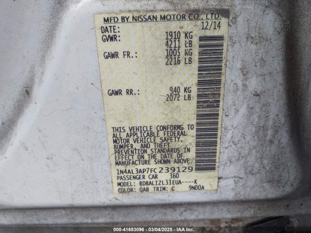 1N4AL3AP7FC239129 Nissan Altima 2.5 Sv