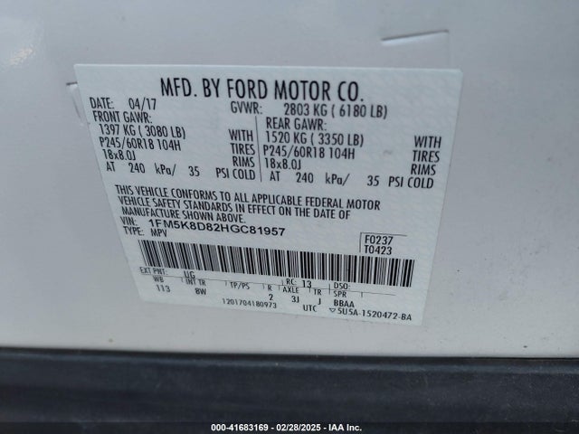 1FM5K8D82HGC81957 Ford EXPLORER XLT