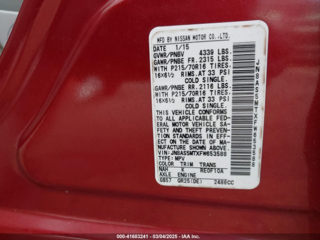 JN8AS5MTXFW653588 Nissan Rogue Select S