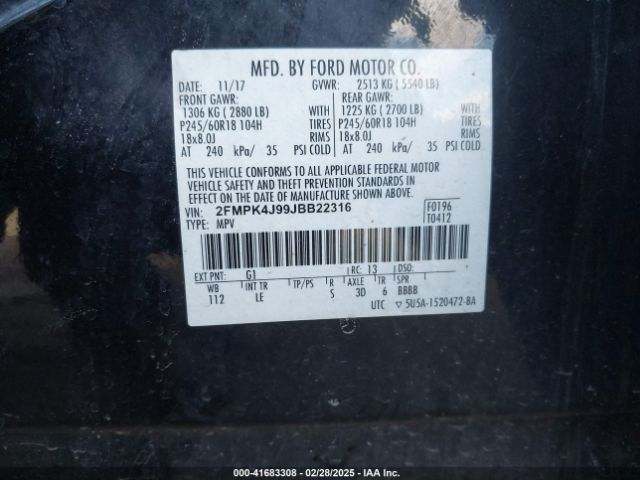 2FMPK4J99JBB22316 Ford EDGE SEL