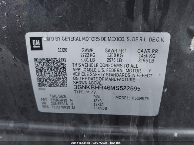 3GNKBHR46MS522595 Chevrolet Blazer Awd 2lt