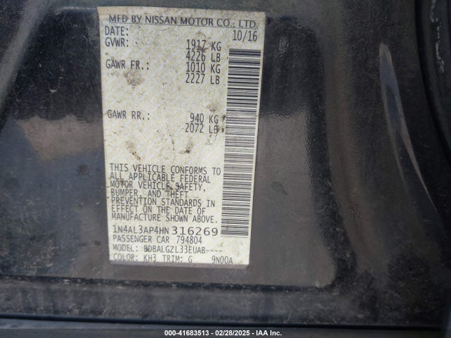 1N4AL3AP4HN316269 Nissan Altima 2.5/2.5 S/2.5 Sl/2.5 Sr/2.5 Sv