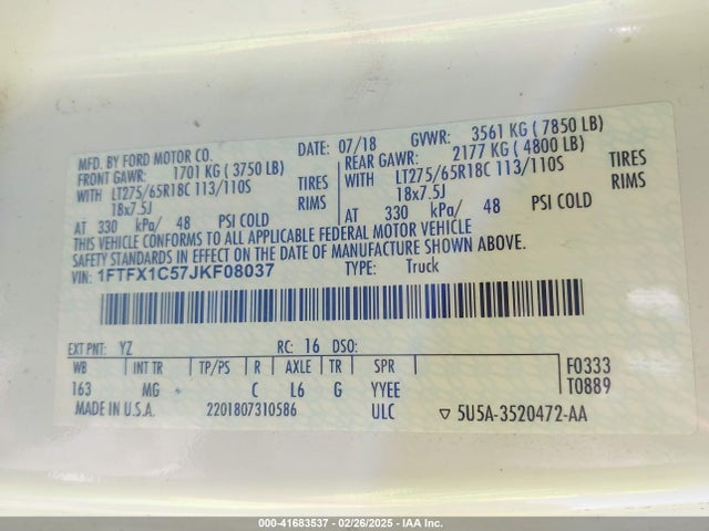 41683537 :رقم المزاد ، 1FTFX1C57JKF08037 vin ، 2018 Ford F-150 Xlt مزاد بيع