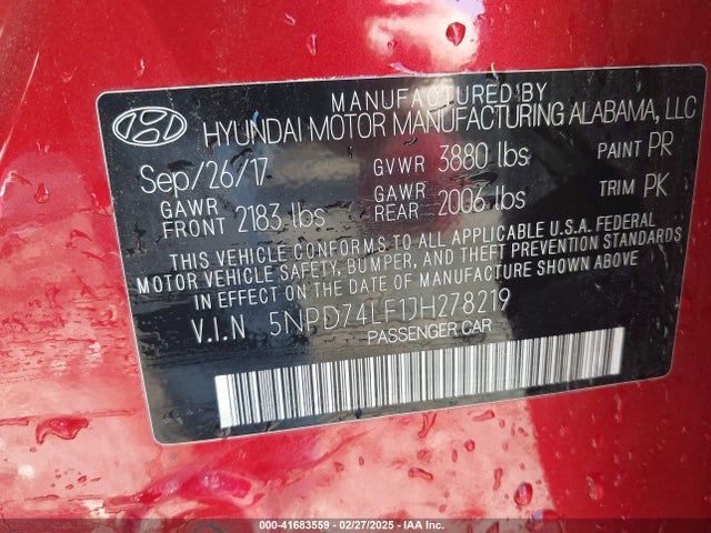 5NPD74LF1JH278219 Hyundai mpi nu