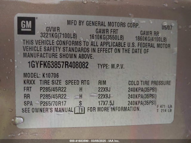2007 CADILLAC ESCALADE 1GYFK63857R408082 Photo 8