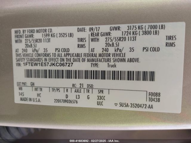 1FTEW1E57JKC06727 Ford F-150 Lariat