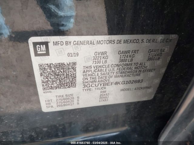 3GCUYBEF4KG102693 Chevrolet Silverado 1500 Custom