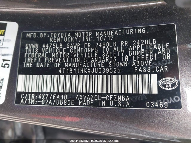 4T1B11HKXJU039525 Toyota CAMRY LE