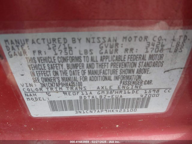 3N1CN7AP9HK425100 Nissan Versa 1.6 Sv