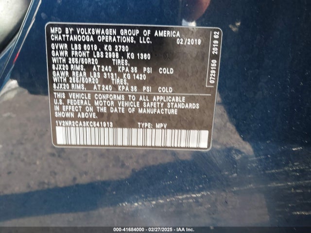 1V2NR2CA3KC541913 Volkswagen Atlas 3.6l V6 Sel Premium