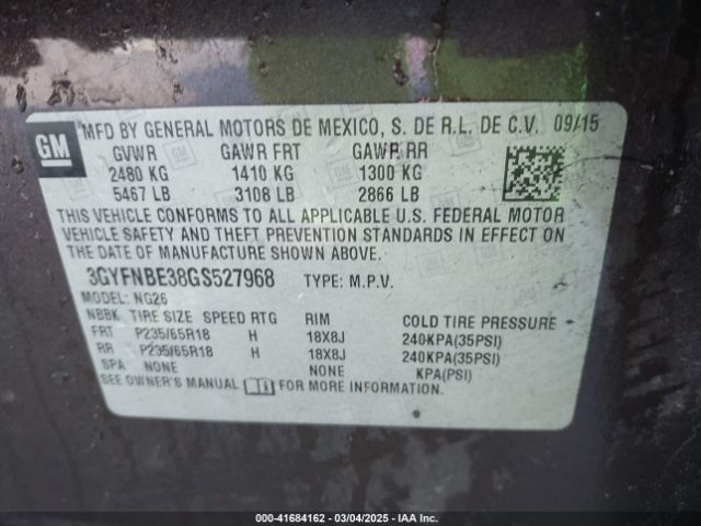 3GYFNBE38GS527968 Cadillac Srx Luxury Collection