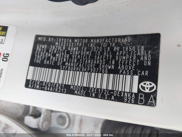 5YFBURHE8KP907766 Toyota COROLLA LE