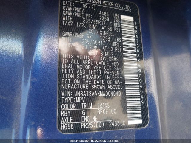 JN8AT3AAXMW004049 Nissan Rogue S Fwd
