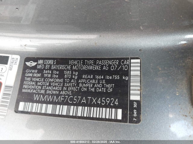 2010 MINI COOPER S WMWMF7C57ATX45924 Photo 8