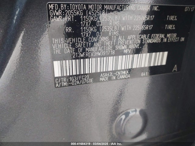 2T3WFREV3HW391718 Toyota Rav4 Xle