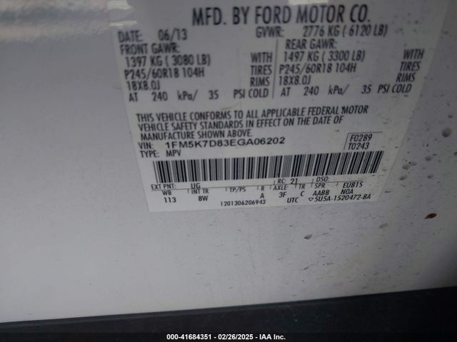 1FM5K7D83EGA06202 Ford EXPLORER XLT