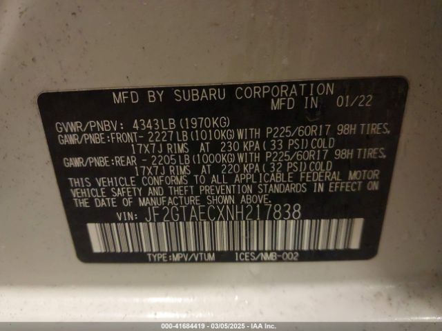 JF2GTAECXNH217838 Subaru Crosstrek Premium