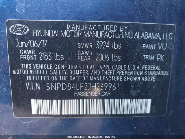 5NPD84LF2JH239961 Hyundai ELANTRA SEL